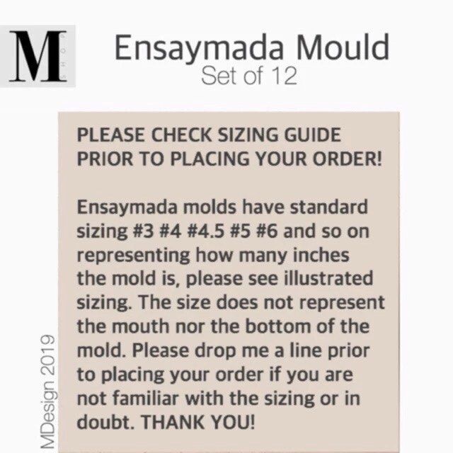 Ensaymada Mold, Sold by the dozen (Category: Bakeware) located in Manila. Submitted by mshopmla (Listing ID 1436943701, Image 3). Description: PLEASE CHECK SIZING GUIDE PRIOR TO PLACING YOUR ORDER! Please check the Chart for a more detailed dimension and weight of each size. Some sizes may not be on hand and will be Pre order as stock position is often moving. Ensaymada molds have standard sizing of #3.5 #4 #4.5 #5 #6 and so on representing how m