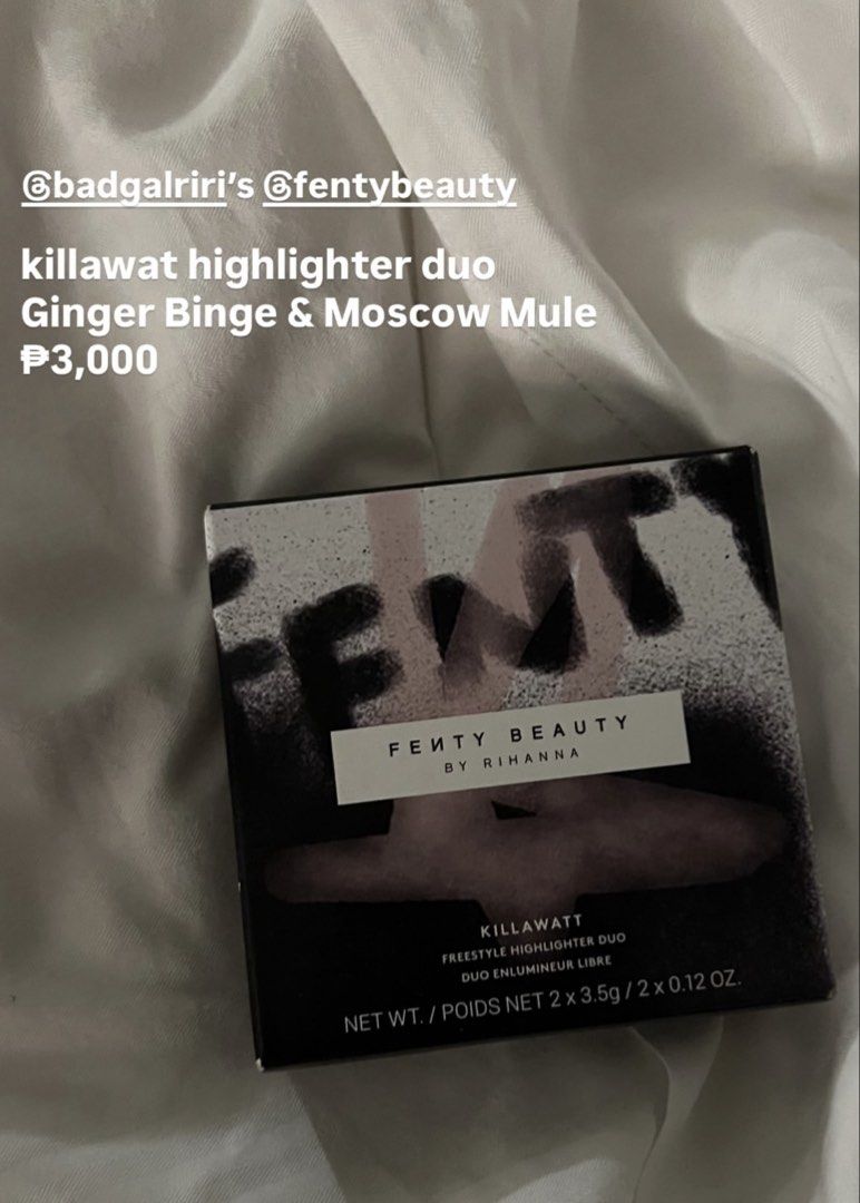 Fenty Beauty Killawatt Highlighter Duo (Category: Makeup) located in Cebu City. Submitted by theextrawardrobe (Listing ID 1436841726, Image 1). Description: - Fenty Beauty Killawatt Freestyle Highlighter Duo - Shades: Ginger Binge & Moscow Mule - From the Fenty Beauty by Rihanna line - Contains two highlighting shades - Net Weight: 2 x 3.5g / 2 x 0.12 OZ.