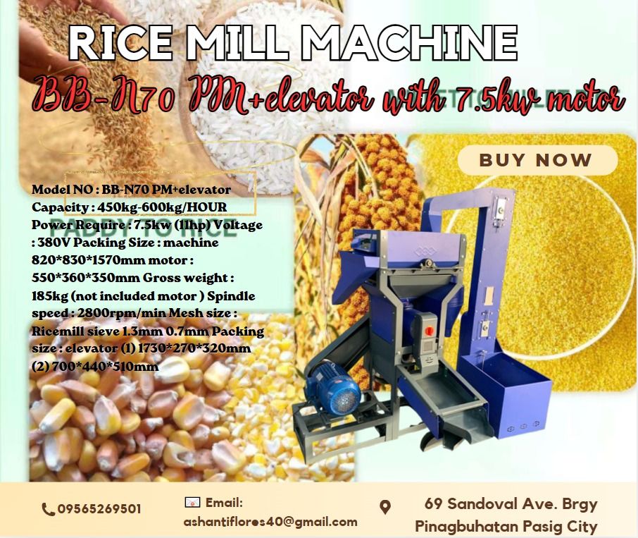 For Sale Rice Milling Machine BB-N70 PM +elevator (Category: Home Improvement Tools & Accessories) located in Caloocan City. Submitted by coolstorm-71de73 (Listing ID 1436925436, Image 1). Description: ✅ Big discount for bulk orders ✅ 100% LEGIT TRUSTED SUPPLIER! ✅ With Complete Legal Documents ✅ BIR Registered Model NO : BB-N70 PM+elevator Capacity : 450kg-600kg/HOUR Power Require : 7.5kw (11hp) Voltage : 380V Packing Size : machine 820*830*1570