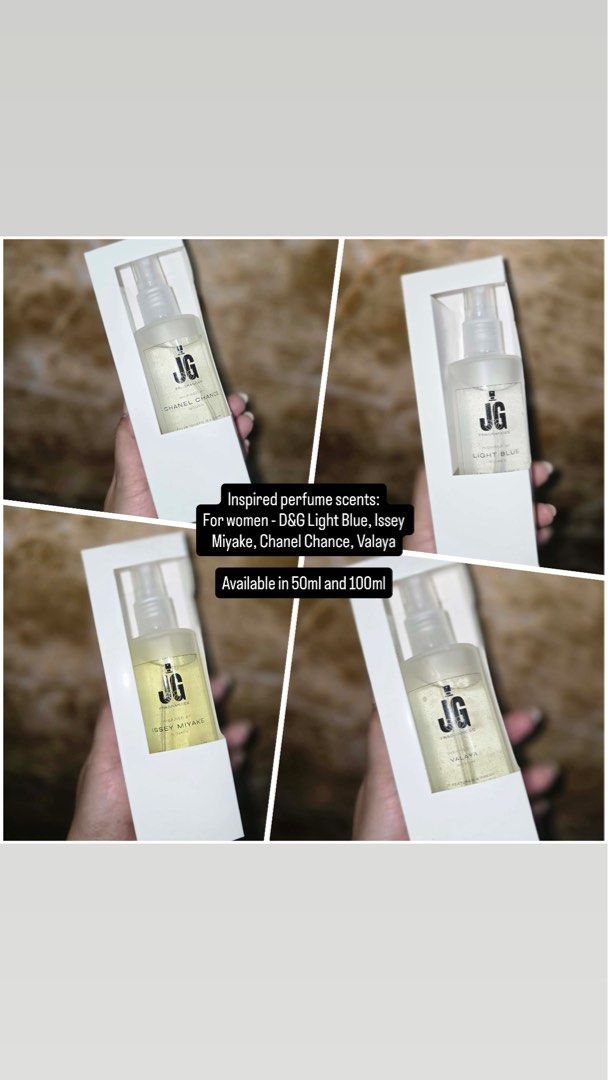 JG Fragrances (Category: Fragrance & Deodorants) located in Mandaluyong City. Submitted by dclutter.corner (Listing ID 1436874248, Image 3). Description: Long lasting perfume inspired scent. Promise di ka magsisisi dito! For personal or for souveniers/giveaways. Available scents below in 50ml or 100ml. For Men (Available in 50ml and 100ml) Aquamarine Extreme DnG Light Blue Cool Wate Clinique happy For Women (Available in 50ml and 100ml) Eclat Cli