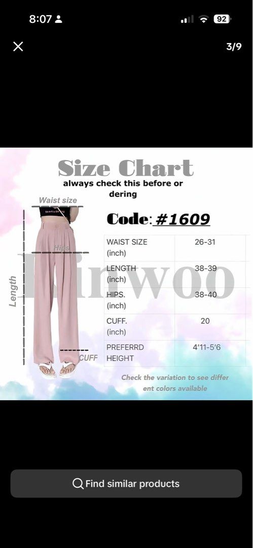 Kinwoo High Waist Trousers (Category: Other Bottoms) located in Rizal. Submitted by basicsrzl (Listing ID 1436841822, Image 2). Description: - Kinwoo High Waist Trousers - Features: Elastic waist, vertical leg design - Size: - Waist: 26-31 inches - Length: 38-39 inches - Cuff: 20 inches - Best for heights: 4'11" - 5'6".