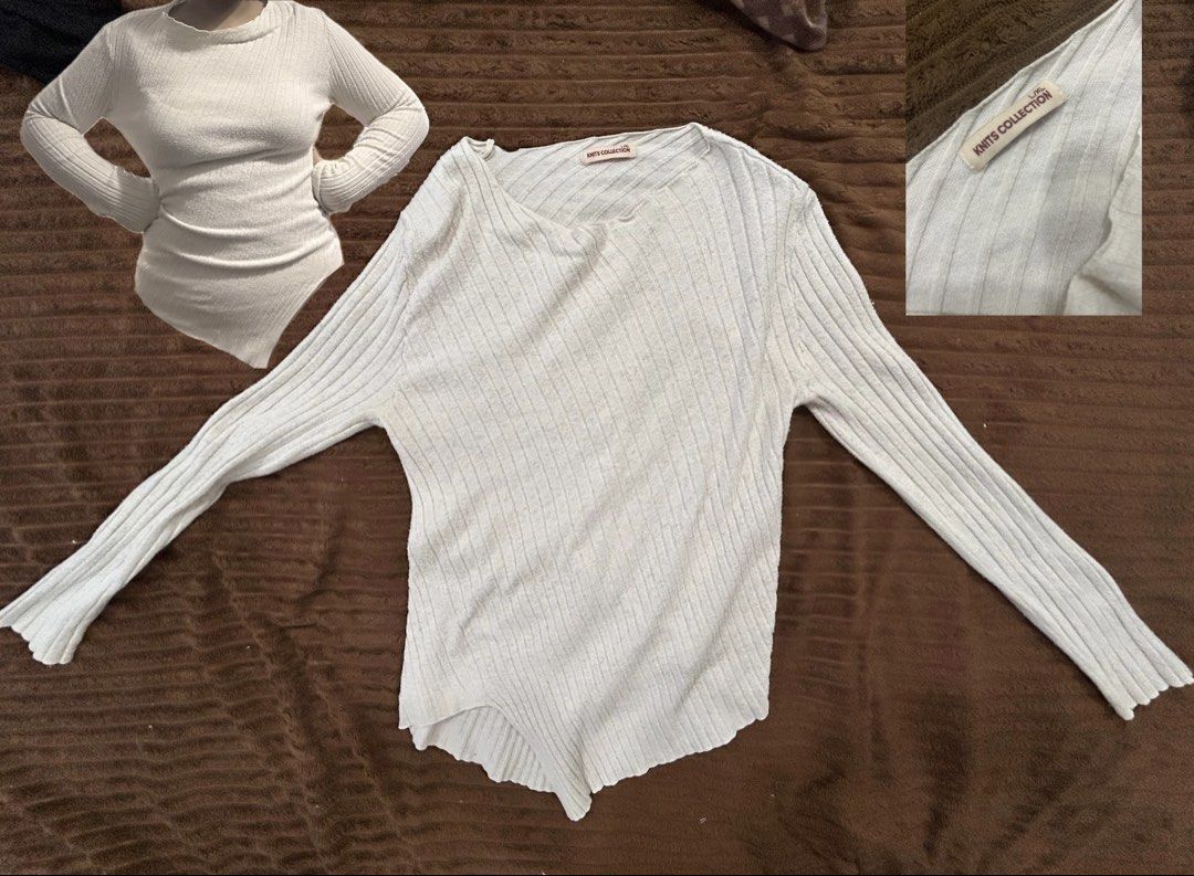 Knits Collection Top (Category: Longsleeves) located in Caloocan City. Submitted by oddgems (Listing ID 1436847113, Image 1). Description: - SM Knits Collection for women - Long sleeves - Asymmetric trim - Light color (white/cream) - Cute going-out top.