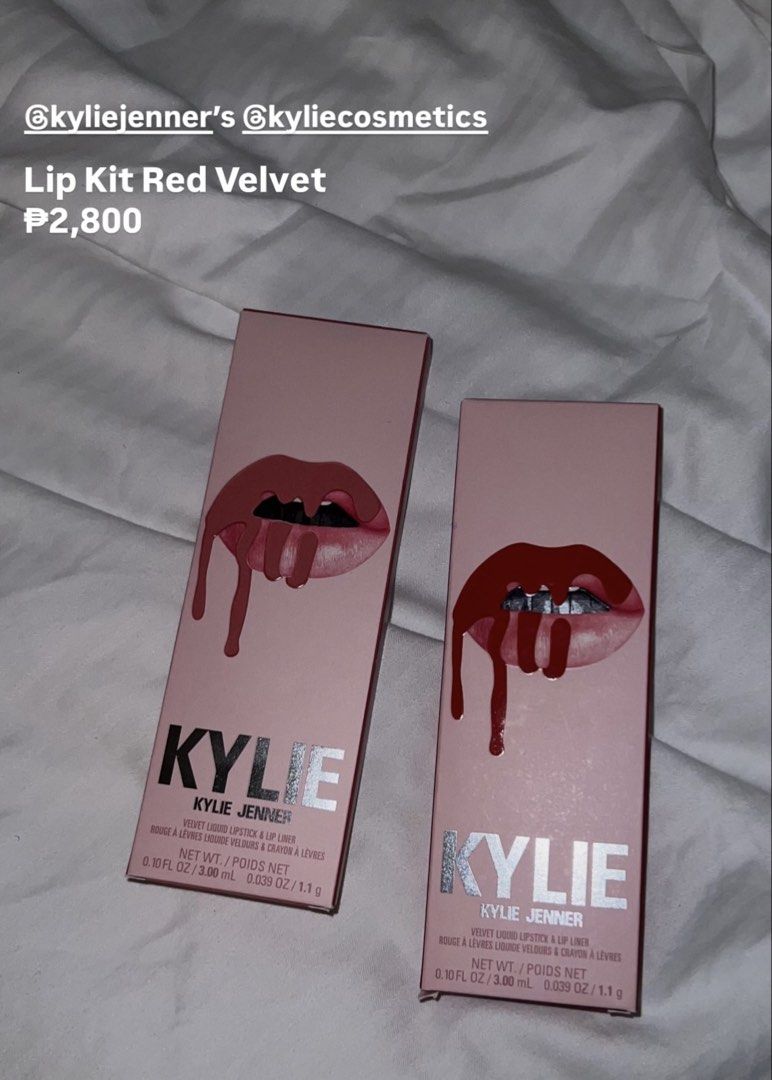 Kylie Jenner Lip Kit Red Velvet (Category: Makeup) located in Cebu City. Submitted by theextrawardrobe (Listing ID 1436841799, Image 1). Description: - Kylie Jenner Red Velvet Lip Kit - Includes liquid lipstick and lip liner - Each contains 0.10 FL OZ / 3.00 mL (lipstick) and 0.039 OZ / 1.1 g (liner) - From Kylie Cosmetics.