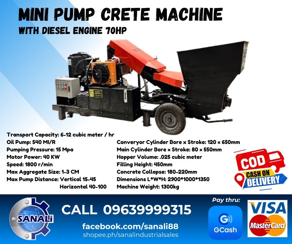 MTTC MINI PUMPCRETE MACHINE (Category: Construction Tools & Equipment) located in Caloocan City. Submitted by sanaliindustrialsales (Listing ID 1329081394, Image 1). Description: MTTC MINI PUMP CRETE MACHINE with DIESEL ENGINE 70HP 🛑Transport Capacity: 6-12 cubic meter 🛑Max Aggregate Size: 1-3cm 🛑Max Pump Distance: Vertical 15-45 / Horizontal 40-100 🛑Hopper Volume: .025 cubic meter 🛑Filling Height: 450mm 🛑Concrete Collapse: 180-220mm 🛑Weig