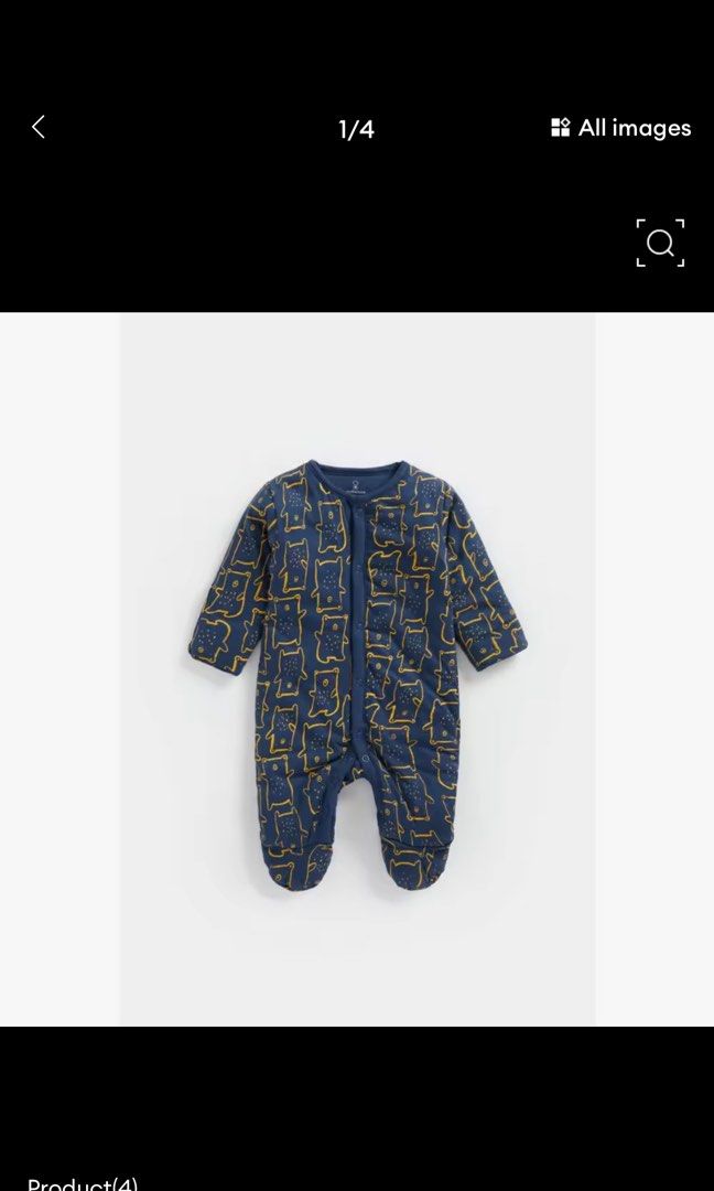 Next Baby Bear Print Onesie (Category: Babies & Kids Fashion) located in Manila. Submitted by cococrunch13 (Listing ID 1436840259, Image 2). Description: 6-9 mos in tag - washed with cycles, but never used bec it wasn’t that cold when we went to Japan this March. - Navy blue onesie - Gold bear print - Long sleeves - Attached feet - Snap closure - Soft, comfortable material.