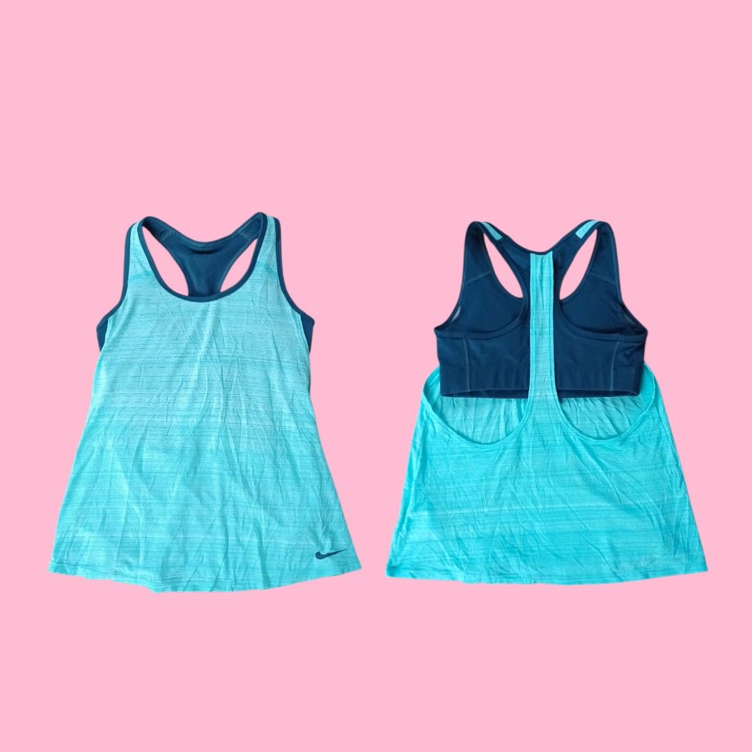 Nike Tank Top with Built-in Bra (Category: Activewear) located in Iloilo. Submitted by raeshel (Listing ID 1436955724, Image 1). Description: - Nike tank top - Built-in bra - Teal outer layer - Darker teal inner bra - Size: S-M .
