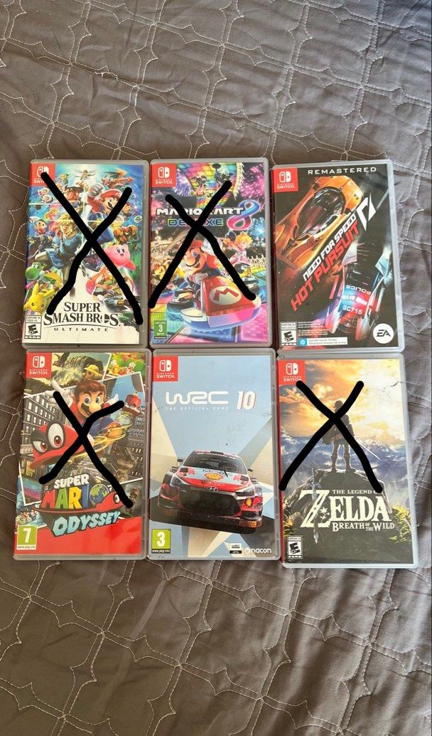 Nintendo Switch Games (Category: Nintendo) located in Santo Domingo. Submitted by shutyourself0101211 (Listing ID 1435801721, Image 1). Description: - Selling a collection of physical Nintendo Switch games. - Includes: - "Super Smash Bros. Ultimate"sold - "Mario Kart 8 Deluxe"sold - "Need for Speed Hot Pursuit Remastered" - "Super Mario Odyssey"sold - "WRC 10" - "The Legend of Zelda: Breath of the Wild"sold - Perfect for expanding your Switch gam