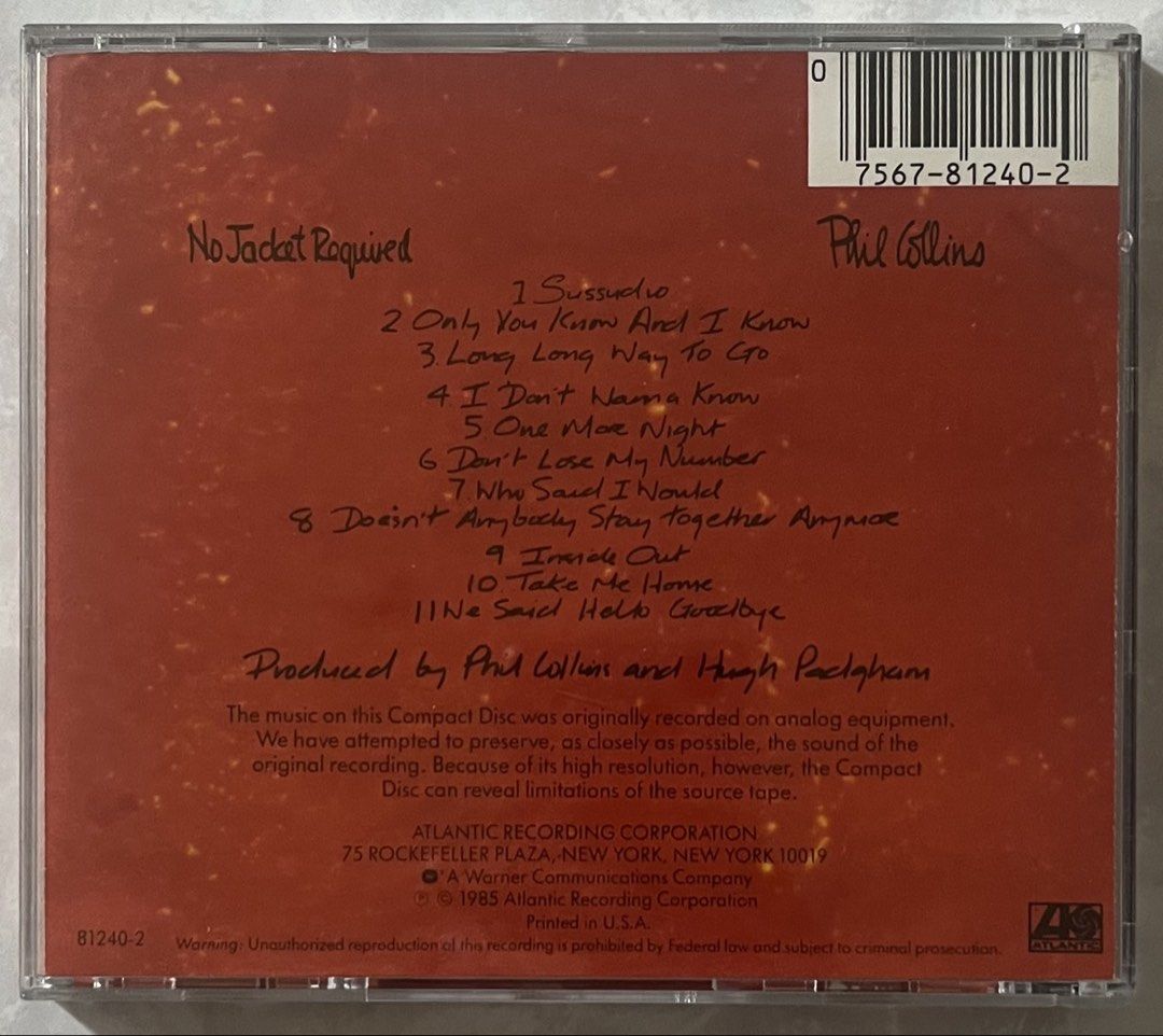 Phil Collins - No Jacket Required (Category: CDs & DVDs) located in San Fernando. Submitted by yslkouros (Listing ID 1436913575, Image 2). Description: Phil’s best and most atmospheric album including “one more night” and “take me home”. .