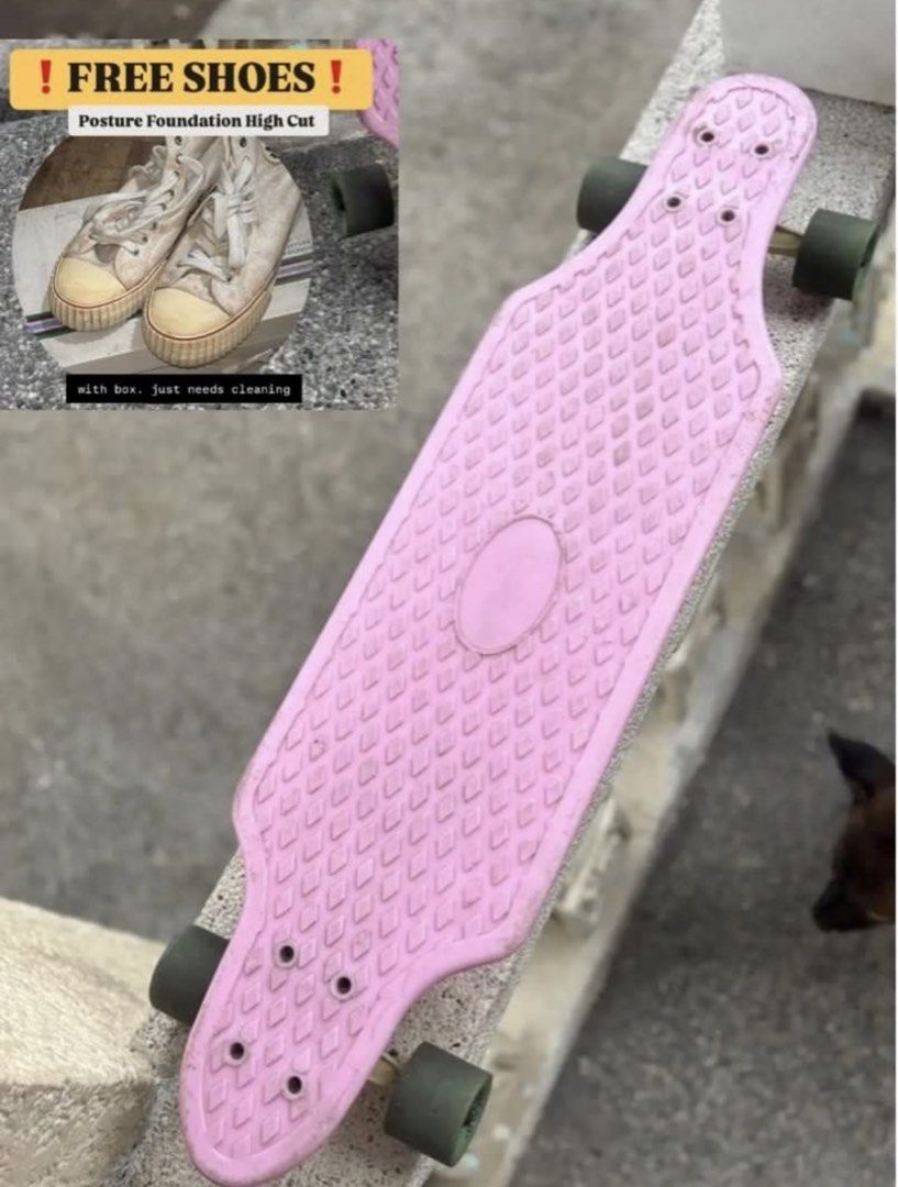 Pink Longboard with Free Shoes (Category: Skates, Rollerblades & Scooters) located in Las Pinas. Submitted by melazyninja (Listing ID 1436831993, Image 2). Description: AVAILABLE AGAIN! ₱1,000!!! RUSH SALE ⚫️Pink Cruiser Board ⚫️All stock parts ❗️FREE SHOES ⚪️Brand: Posture Foundation ⚪️Comes with box. Just needs cleaning ❗️FREE DELIVERY Can do meet ups also in Las Piñas, Alabang, Parañaque Area.