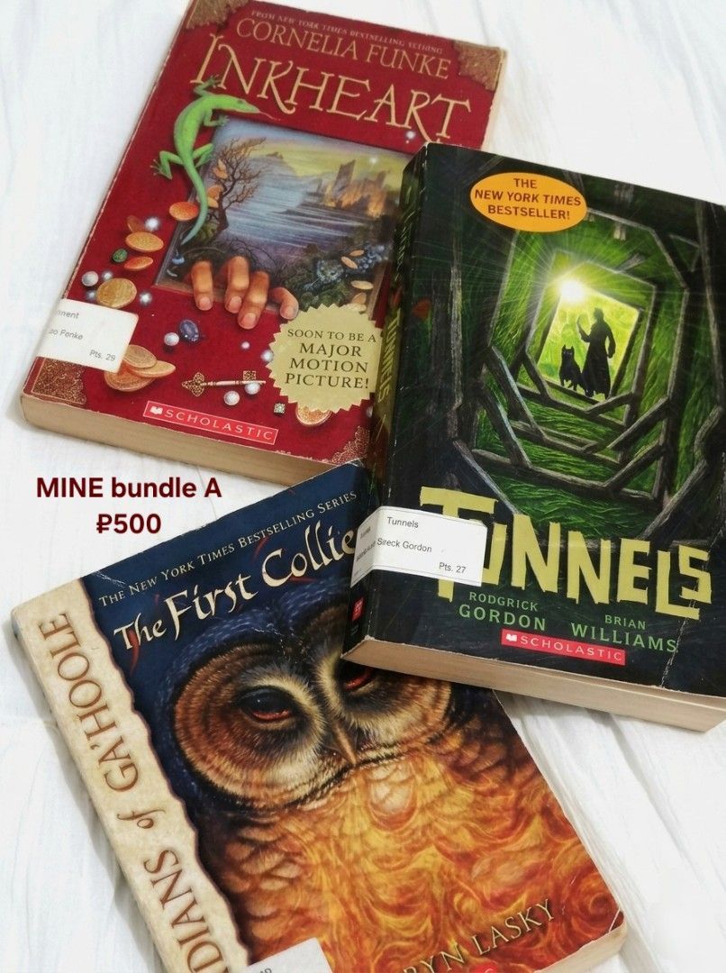 Pre-loved books - bundles/individ purchase (Category: Storybooks) located in Manila. Submitted by strwbrryluv.shop (Listing ID 1436930832, Image 2). Description: Bundles - Bundle A = ₱500 ◦ Inkheart ◦ Tunnels ◦ Guardians of Ga'Hoole: The First Collier - Bundle B - ₱400 ◦ Letters to a Single Woman ◦ I Am Harriet Tubman - Bundle C - ₱250 ◦ Killer Species: Ultimate Attack ◦ The Adventures of Arnie the Doughnut: Invasion of the Ufonuts INDIVIDUAL PUR