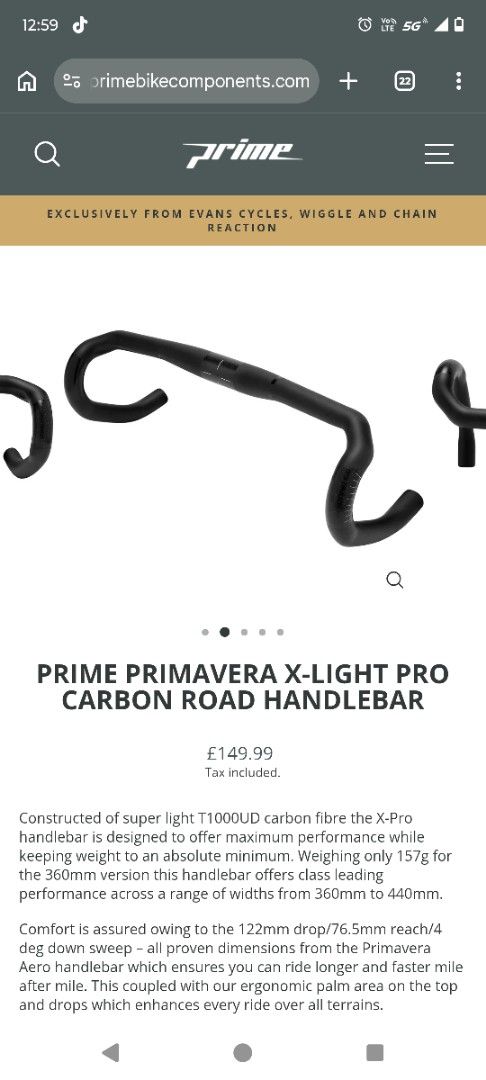 Prime Primavera X-Light Pro Carbon Road Handlebar (Category: Bicycles) located in Quezon City. Submitted by edwinvuru (Listing ID 1436902003, Image 1). Description: - Prime Primavera X-Light Pro Carbon Road Handlebar - Lightweight carbon fiber construction - Designed for maximum performance - Comfortable design - 122mm reach - 76.5mm drop.