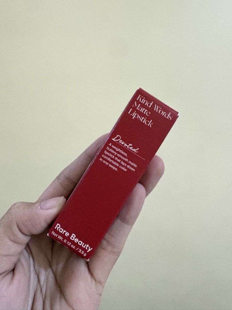 Rare Beauty Kind Words Matte Lipstick - Devoted (Category: Makeup) located in Pasay City. Submitted by kikayfindsxs (Listing ID 1436948068, Image 1). Description: Rare Beauty Kind Words Matte Lipstick in the shade Devoted. This lipstick is a weightless, buttery-smooth matte formula that provides comfortable color in one swipe. Net weight is 0.12 oz / 3.5g..