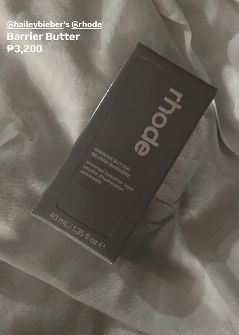 Rhode Barrier Butter (Category: Face Care) located in Cebu City. Submitted by theextrawardrobe (Listing ID 1436840390, Image 1). Description: - Rhode Barrier Butter - Universal hydration layer FULL SIZE - New, in gray box - From @rhode by @haileybieber.