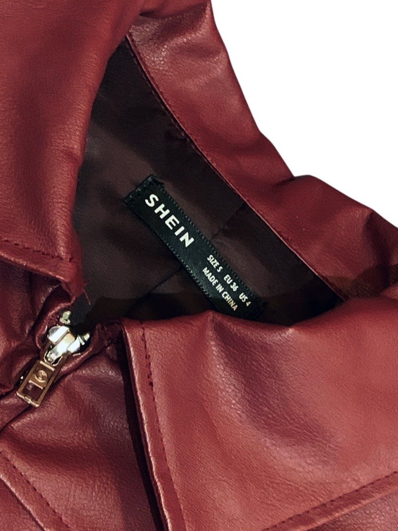 SHEIN Burgundy PU Leather Jacket (Category: Coats, Jackets and Outerwear) located in Naga. Submitted by cydie.finds (Listing ID 1437009183, Image 3). Description: Leather jacket for sale 🖤 * Only worn twice * No flaws/damages * Still in excellent condition Bought for ₱904, selling for ₱700 ✨ .