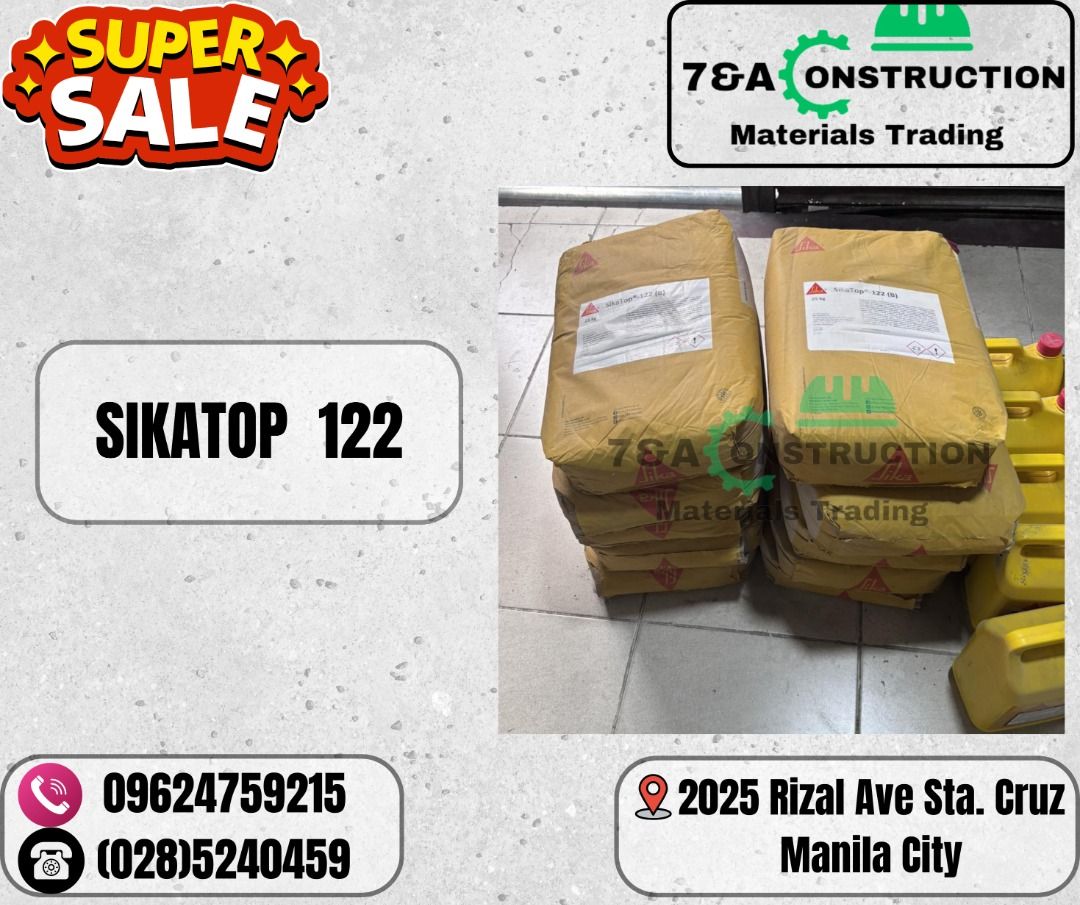Sikatop 122 (Category: Construction & Building Materials) located in Manila. Submitted by emmanuelsa99826 (Listing ID 1436848108, Image 1). Description: - Sikatop 122 available. - For inquiries, contact 7&A Construction Materials Trading. - Located at 2025 Rizal Ave Sta. Cruz, Manila City. - Contact Numbers: 09624759215 or (028)5240459..