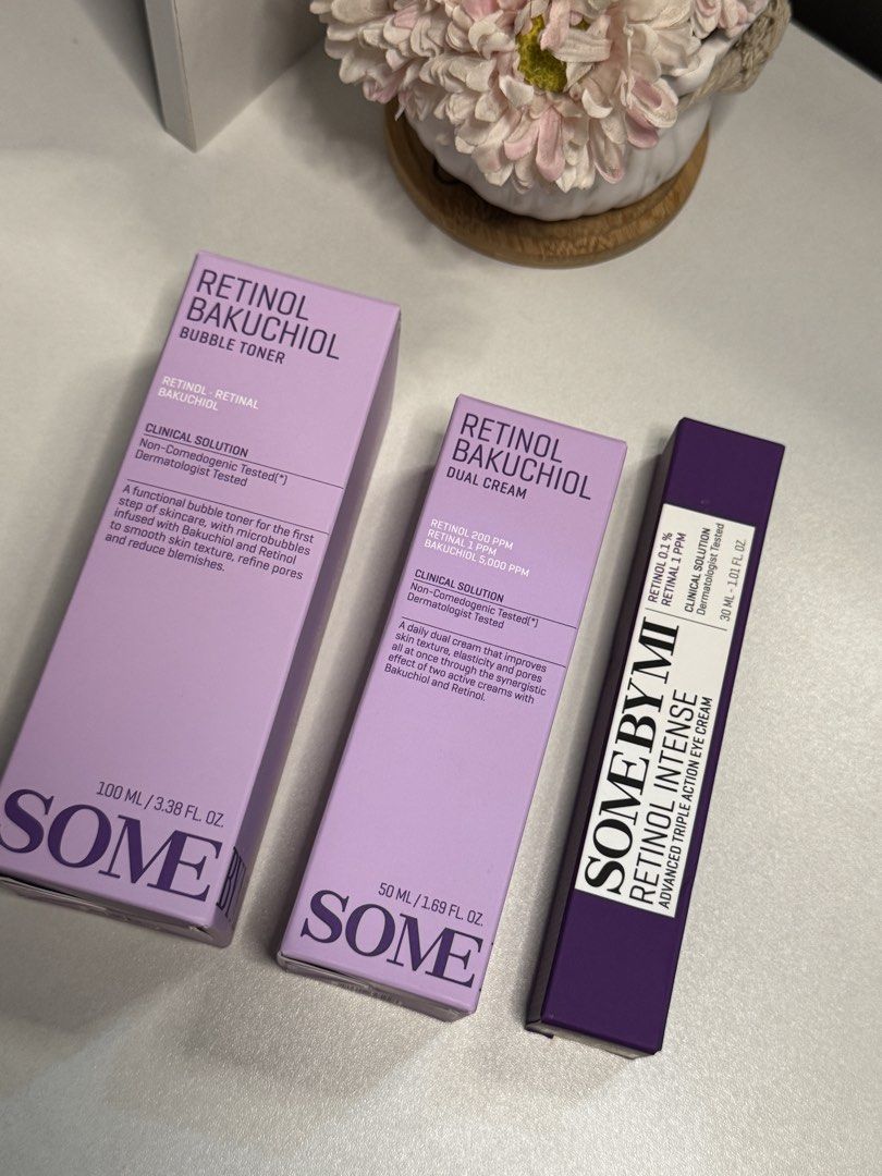 Some By Mi Retinol Bakuchiol Skincare Set (Category: Face Care) located in Las Pinas. Submitted by thestasher (Listing ID 1436972711, Image 1). Description: - Some By Mi Retinol Bakuchiol Set: - Includes: - Retinol Bakuchiol Bubble Toner (100ml): Functional toner with microbubbles, Bakuchiol, and Retinol. - Dual Cream (50ml): Improves skin texture and minimizes pores. - Retinol Intense Advanced Triple Action Eye Cream (30ml): Advanced eye cream f