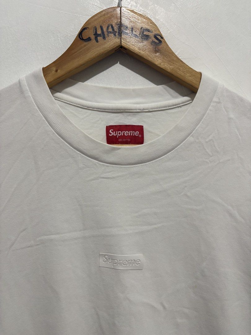 Supreme High Density Small Box Logo T-shirt - White (Category: Tshirts & Polo Shirts ) located in Cabanatuan. Submitted by chingweyyy (Listing ID 1436828896, Image 2). Description: - Supreme white t-shirt - Features iconic box logo - Red Supreme neck tag - Size: Medium fit to Large - Material: 100% cotton - 22 Width x 30 Length - No issue .
