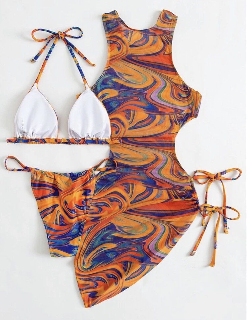 Three Piece Swirl Print Bikini Set with Cover Up (Category: Bikinis & Swimsuits) located in Angeles City. Submitted by diana.18 (Listing ID 1436913549, Image 2). Description: - Swirl print bikini set (orange, blue, purple) - Includes: Halter-neck bikini top, matching bottom, and cover-up dress - Cover-up features side cutouts and tie details - Size: S Used once. Rfs decluttering.