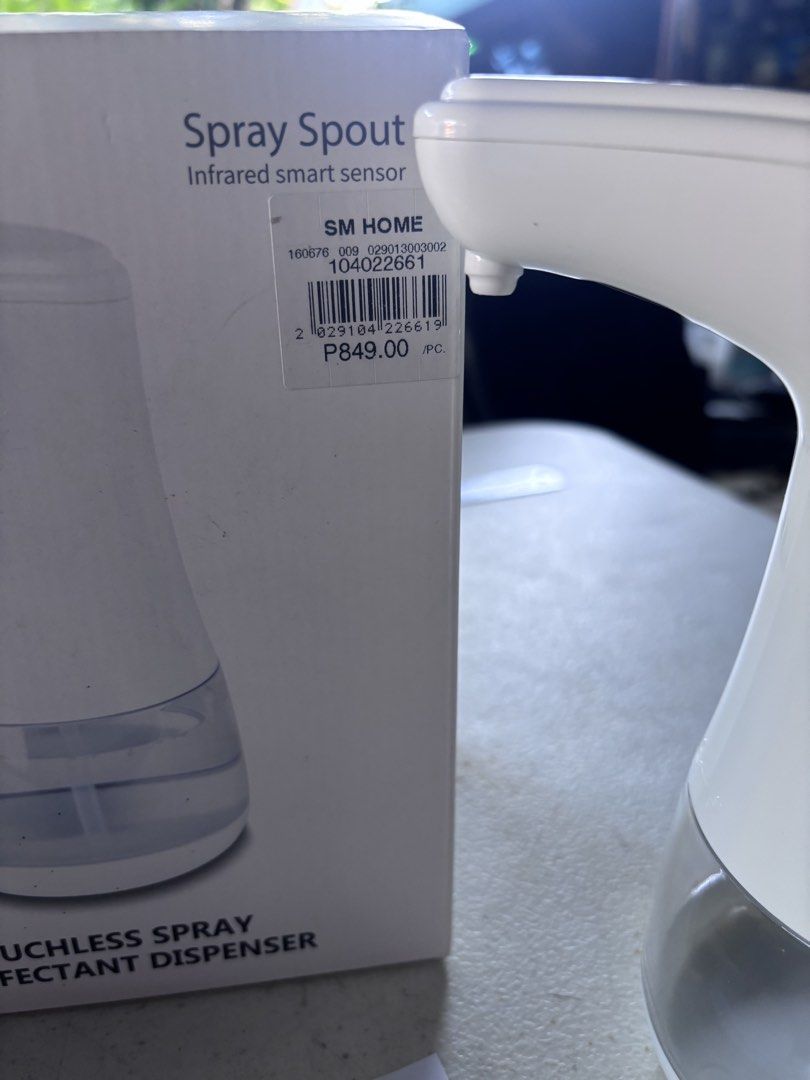 Touchless spray disinfectant dispenser (Category: Bathroom & Kitchen Fixtures) located in Paranaque City. Submitted by luxemomma (Listing ID 1436922814, Image 3). Description: Unused 360ml capacity Loc: paranaque MOP; Gcash/BPi.
