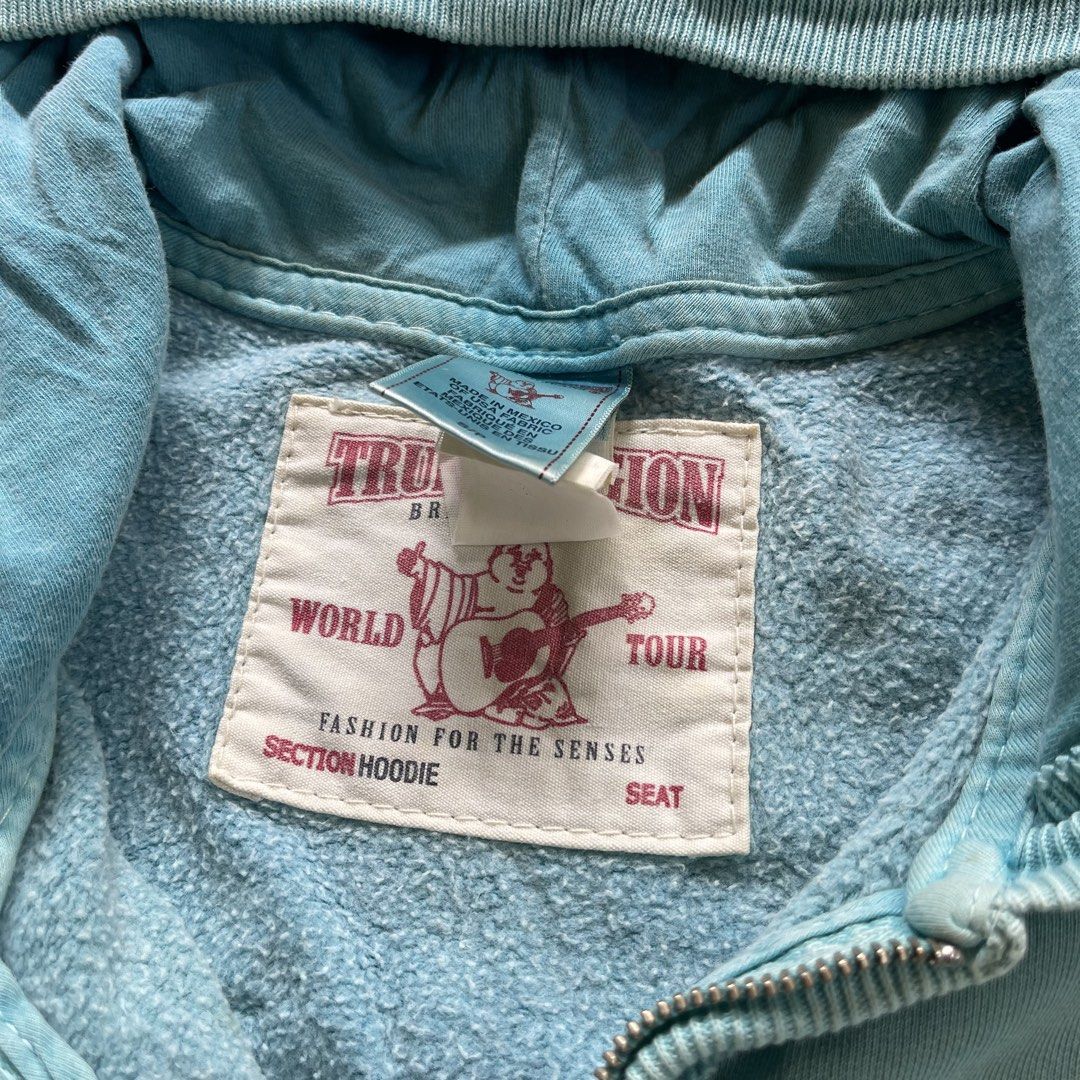 TRUE RELIGION Distressed Zip-up Hoodie (Category: Coats, Jackets and Outerwear) located in Pagadian. Submitted by adrihatesthrifting (Listing ID 1436836294, Image 3). Description: True Religion Hoodie — 150PHP + sf 📌 Size S on tag bilhin nyo na please 😅🙏 .
