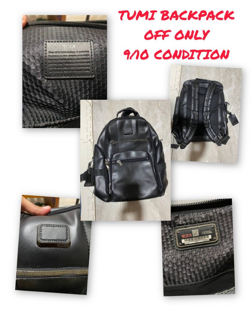 Tumi Backpack (Category: Luxury Bags & Wallets) located in Talacogon. Submitted by mr1070 (Listing ID 1436834698, Image 1). Description: - Tumi backpack - Color: Black - Multiple compartments for organization - Top handle for easy carrying - Includes a Tumi luggage tag - Textured design - Metal logo plate - Lined interior - Zipper closure - Adjustable straps.