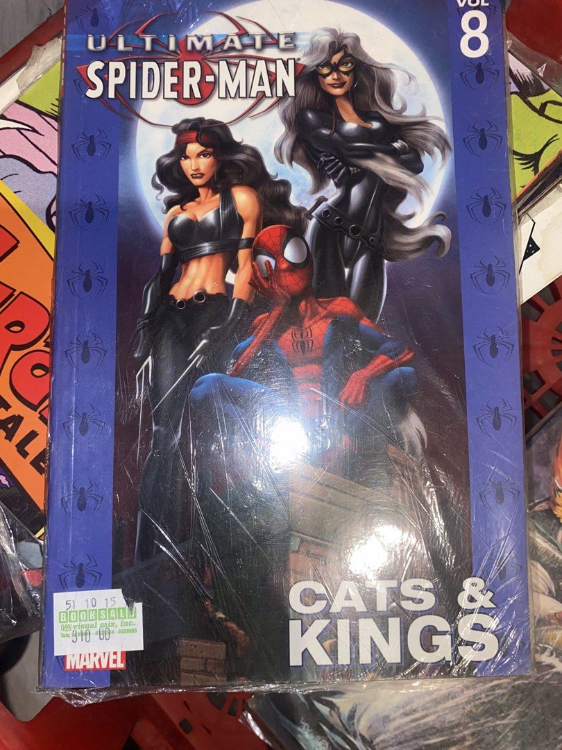 Ultimate Spider-Man Vol. 8: Cats & Kings (Category: Comics & Manga) located in Marikina City. Submitted by jtv17 (Listing ID 1436941762, Image 1). Description: Copy of Ultimate Spider-Man Volume 8, titled "Cats & Kings." The cover features Spider-Man, Black Cat, and other characters. It is a Marvel comic book. The book is sealed in plastic wrap..