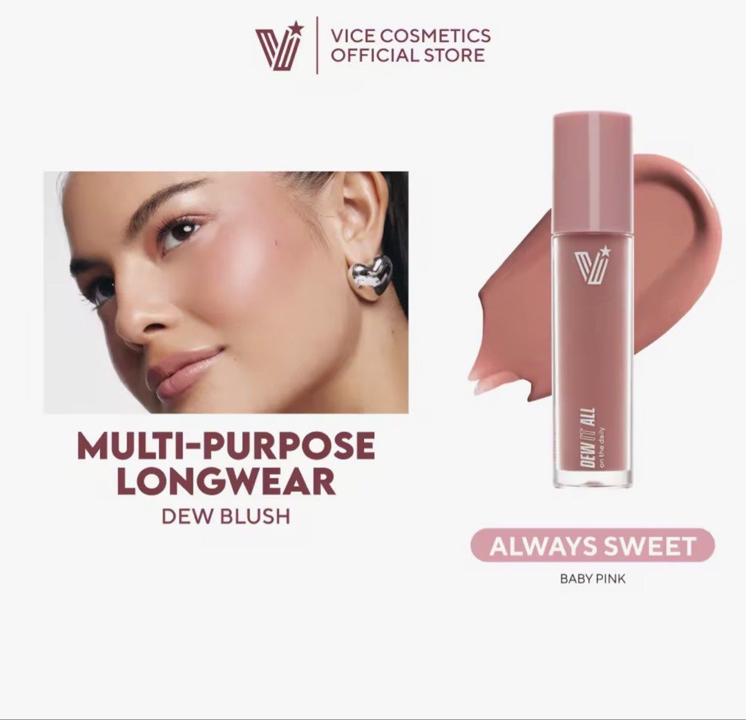 Vice Cosmetics Dew It All Dew Blush - Always Sweet (Category: Makeup) located in Paranaque City. Submitted by gotokloset (Listing ID 1436963845, Image 1). Description: Bnew sealed box, bought a different shade. - Vice Cosmetics Dew It All Dew Blush in Always Sweet - Baby pink hue for a natural flush - Long-wearing formula - Multi-purpose blush - Perfect for everyday wear - Gives a radiant glow.