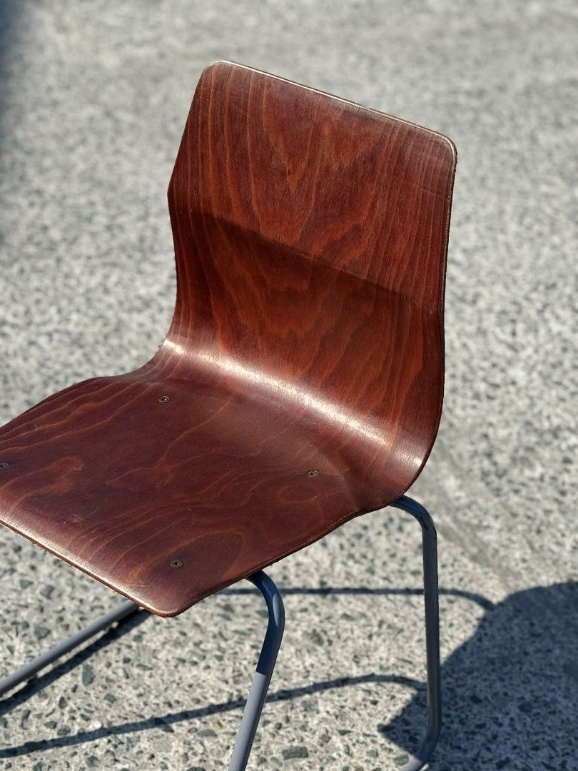 Vintage Abo West Germany Chairs (Category: Chairs) located in Valenzuela. Submitted by upcycle_things (Listing ID 1436969654, Image 3). Description: - Set of 2 vintage chairs - Wooden seat and backrest - Dark brown finish - Black metal frame - Unique curved design - Marked "Abo West Germany" - Perfect for vintage decor.