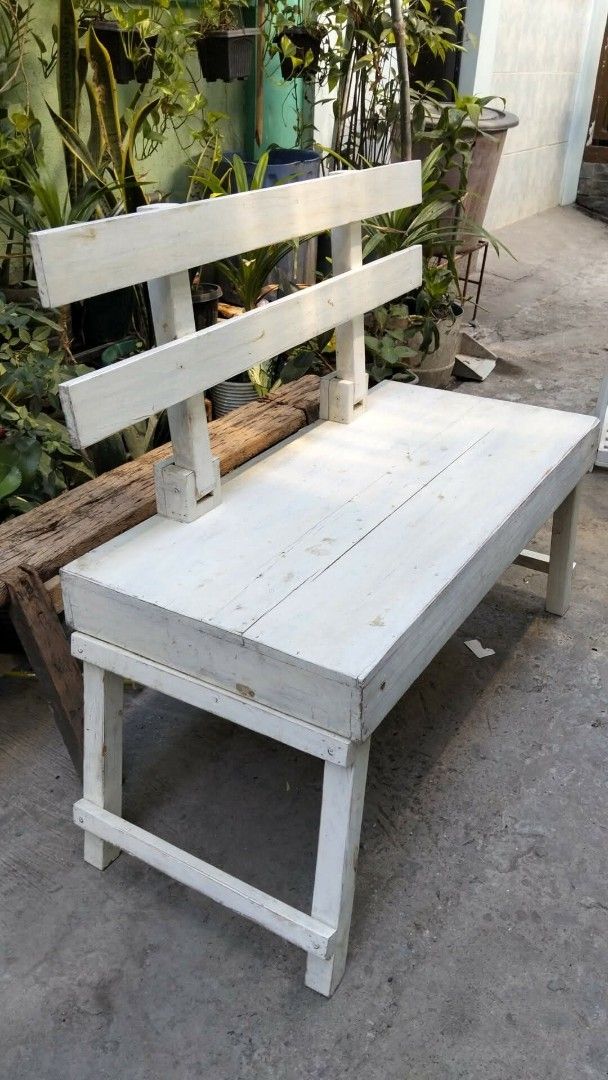 Wooden Bench with Backrest (Category: Chairs) located in Valenzuela. Submitted by chris_cruz (Listing ID 1436840919, Image 2). Description: -LOCATION: Deparo, North Caloocan - White wooden bench - Features a backrest - Simple and sturdy design - Rectangular seat with four legs - Ideal for shaded garden or patio.
