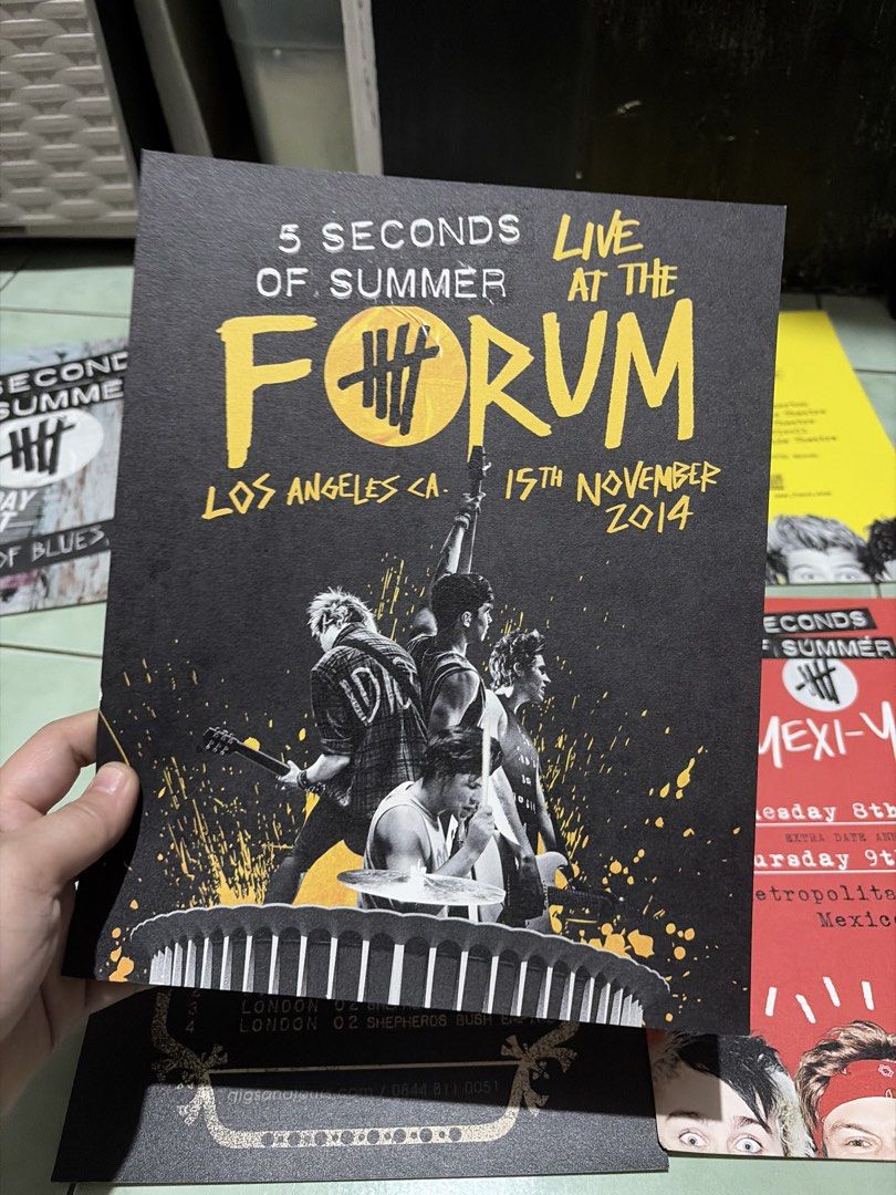 5 Seconds of Summer A4 Posters (Category: Events Tickets) located in Quezon City. Submitted by jnn.a (Listing ID 1441362264, Image 2). Description: - Collection of 5 Seconds of Summer concert posters from their LIVESOS box from U.S - Includes: Live at The Forum (Los Angeles, 2014), UK Tour, Mexi-Yo! (Mexico City, 2014) - Great for any 5SOS fan who's looking for official merch - Ready to be framed, A4 size - For take all only! Some has creases (2/