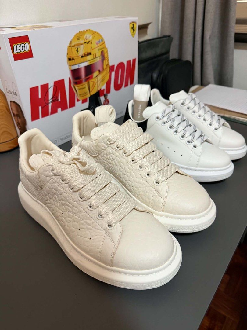 Alexander McQueen Oversized Sneakers Cream Crocodile Embossed (Category: Sneakers) located in Makati City. Submitted by decluttering822 (Listing ID 1441251002, Image 2). Description: - Cream Alexander McQueen oversized sneakers - Crocodile embossed leather - Classic chunky sole - Comes with extra laces - Ideal for everyday wear - Please check photos for condition details.