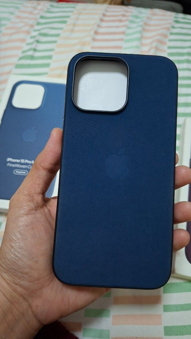 Apple FineWoven Case for iPhone 15 Pro Max (Category: Cases & Sleeves) located in Quezon City. Submitted by violet_08 (Listing ID 1441321537, Image 2). Description: For sale only Authentic Apple FineWoven Case Pacific Blue Color For iPhone 15 Pro Max 9.5/10 condition Good as new No issues Magsafe compatible Selling for 1.3k FIXED PRICE Rfs: sold my iPhone 15 Pro Max.