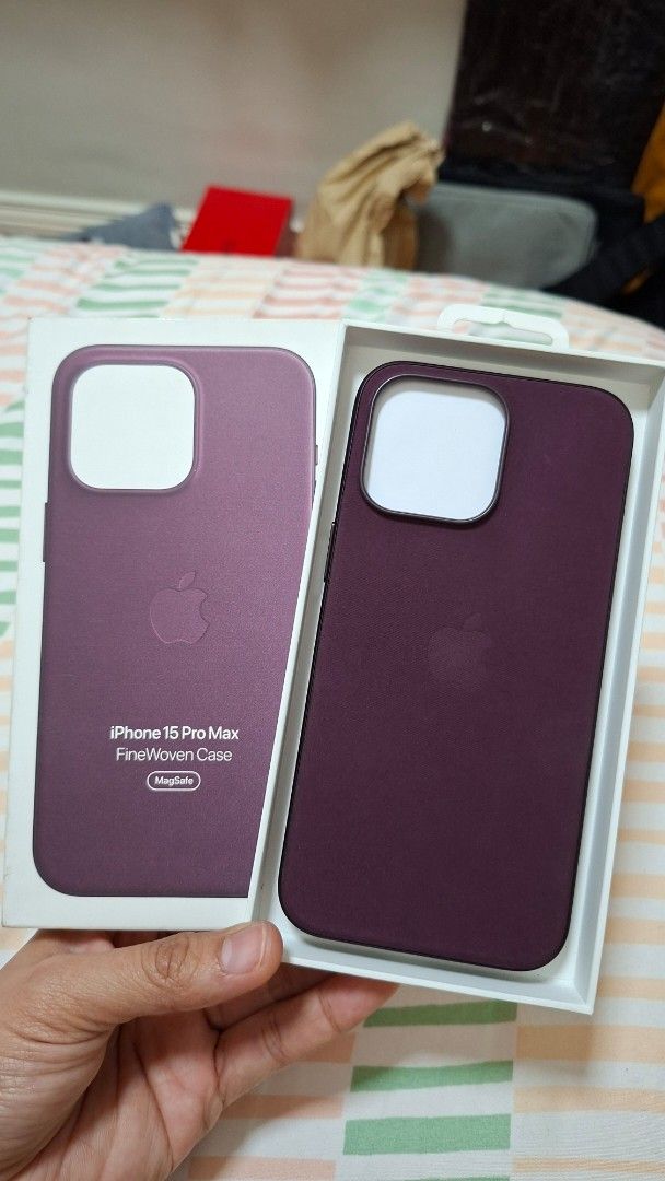 Apple FineWoven Case for iPhone 15 Pro Max Authentic (Category: Cases & Sleeves) located in Quezon City. Submitted by violet_08 (Listing ID 1441324793, Image 1). Description: For sale only Authentic Apple FineWoven Case Mulberry Color For iPhone 15 Pro Max 9.5/10 condition Good as new No issues Magsafe compatible Selling for 1.3k FIXED PRICE Rfs: sold my iPhone 15 Pro Max.