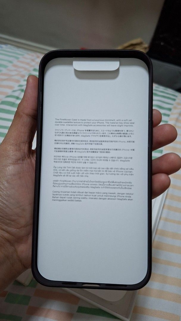 Apple FineWoven Case for iPhone 15 Pro Max Authentic (Category: Cases & Sleeves) located in Quezon City. Submitted by violet_08 (Listing ID 1441324793, Image 3). Description: For sale only Authentic Apple FineWoven Case Mulberry Color For iPhone 15 Pro Max 9.5/10 condition Good as new No issues Magsafe compatible Selling for 1.3k FIXED PRICE Rfs: sold my iPhone 15 Pro Max.