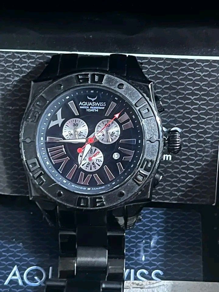 Aquaswiss Swiss Made Chronograph (Category: Luxury Watches) located in Marikina City. Submitted by ms.crybabe (Listing ID 1441350520, Image 3). Description: Aquaswiss Swiss Made Chronograph (10 ATM water resistant) na black ion-plated stainless steel watch. *all sub dials are working Sale sale 8k only‼️‼️ Open for lay way✅.