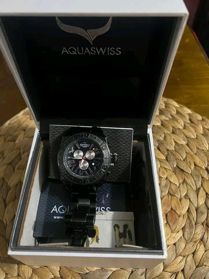 Aquaswiss Swiss Made Chronograph (Category: Luxury Watches) located in Marikina City. Submitted by ms.crybabe (Listing ID 1441350520, Image 2). Description: Aquaswiss Swiss Made Chronograph (10 ATM water resistant) na black ion-plated stainless steel watch. *all sub dials are working Sale sale 8k only‼️‼️ Open for lay way✅.