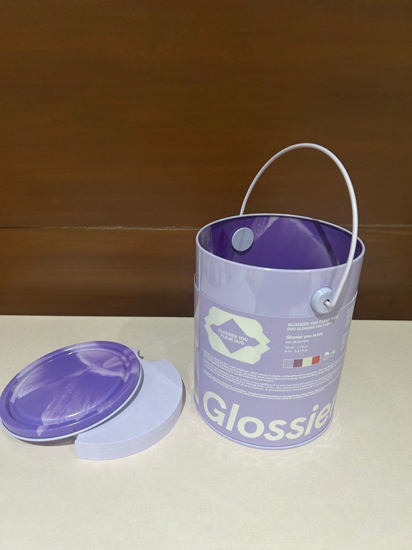 Authentic Glossier Tin Can Container only (Category: Accessory Holder, Box & Organizers) located in Manila. Submitted by chiccorner (Listing ID 1441280017, Image 2). Description: Brand new Tin Can only Glossier Brand Size Diameter 4.25” Height 5.5” Purple color.