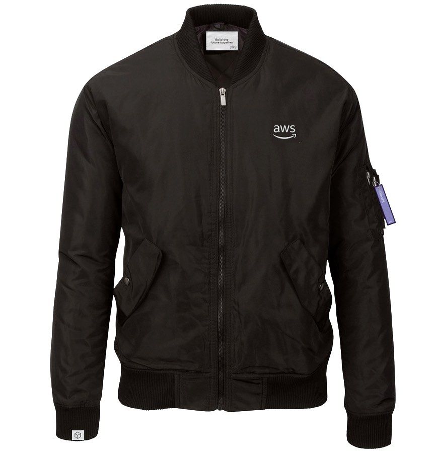 AWS jacket (Category: Coats, Jackets and Outerwear) located in Singapore. Submitted by dane0916 (Listing ID 1441240975, Image 2). Description: AWS bomber jacket - Black bomber jacket - Zip-up front - Two front pockets - Ribbed cuffs and hem - inside plastic, not open.