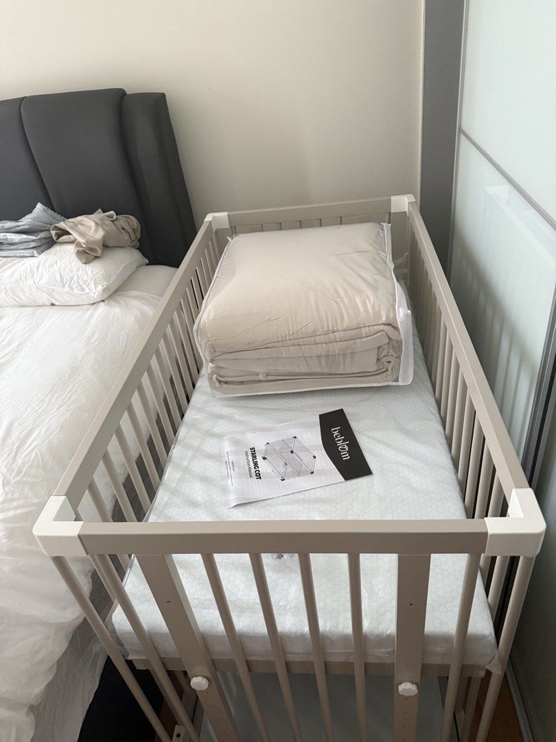 Beblum starling baby cot (Category: Cots & Cribs) located in Singapore. Submitted by prelovedbykpt (Listing ID 1441330786, Image 1). Description: - Wooden baby cot, starling beblum - baby outgrown in size so letting this go - excellent condition - Adjustable sides and levels for the bed - Comes with padded bumper - Includes mattress but not bedsheet - Ideal for nursery setup.