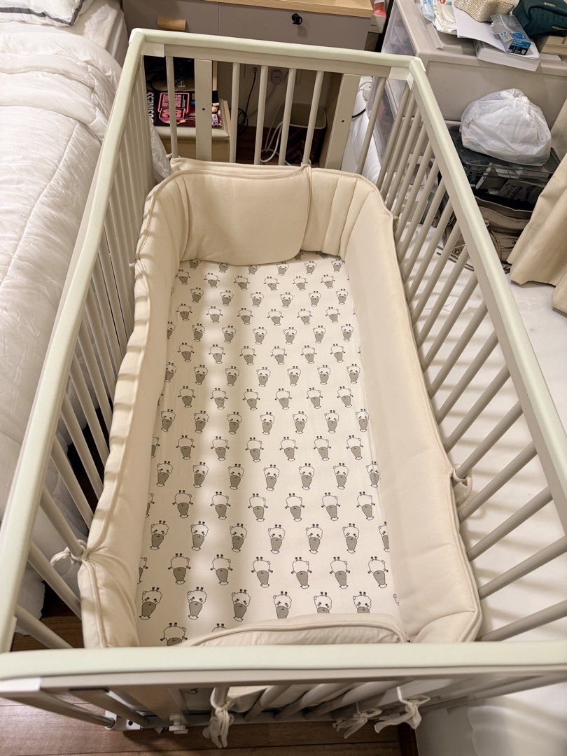 Beblum starling baby cot (Category: Cots & Cribs) located in Singapore. Submitted by prelovedbykpt (Listing ID 1441330786, Image 2). Description: - Wooden baby cot, starling beblum - baby outgrown in size so letting this go - excellent condition - Adjustable sides and levels for the bed - Comes with padded bumper - Includes mattress but not bedsheet - Ideal for nursery setup.