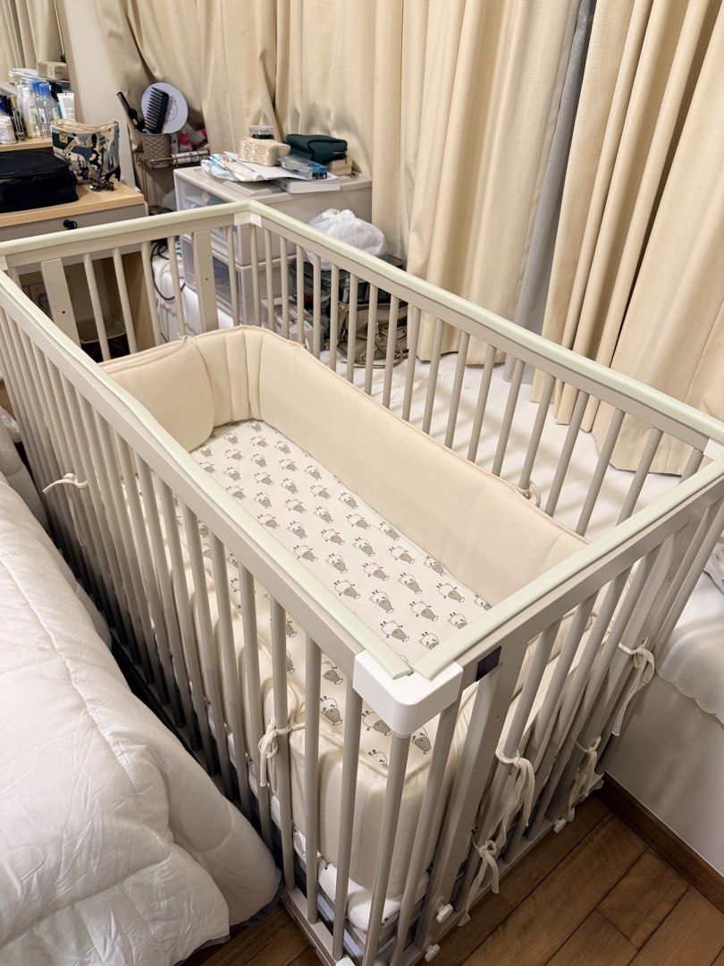 Beblum starling baby cot (Category: Cots & Cribs) located in Singapore. Submitted by prelovedbykpt (Listing ID 1441330786, Image 3). Description: - Wooden baby cot, starling beblum - baby outgrown in size so letting this go - excellent condition - Adjustable sides and levels for the bed - Comes with padded bumper - Includes mattress but not bedsheet - Ideal for nursery setup.