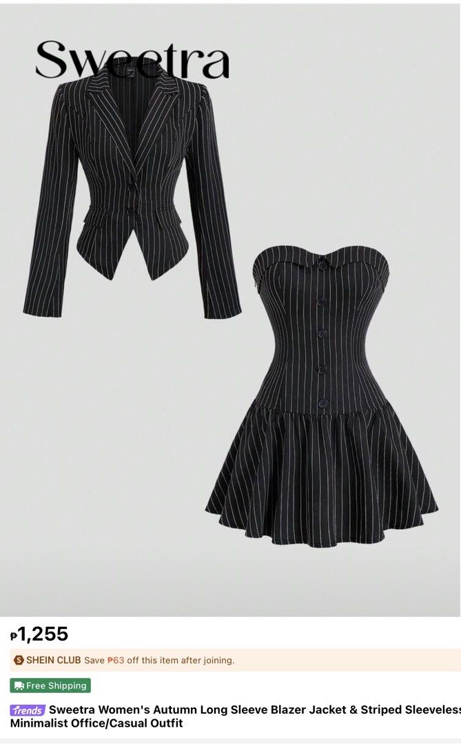 Black Shein Striped Coordinates Blazer Dress (Category: Sets or Coordinates) located in Puerto Princesa. Submitted by nndrei (Listing ID 1441163974, Image 1). Description: selling this coords set! - includes blazer and dress - size medium on tag - bought from shein - used once lang sa bday shoot ₱450, can add leather hat +₱100.