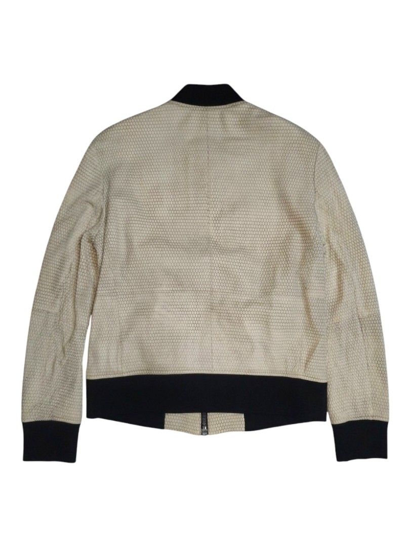 BLACKBARRETT Cream/Black Lamb Leather Bomber Jacket (Category: Coats, Jackets and Outerwear) located in Baguio. Submitted by luxeloom099 (Listing ID 1441198882, Image 3). Description: BLACKBARRETT Cream/Black Honeycomb Laser-Cut Lamb Leather Bomber Jacket ​Up for grabs is a stunning, high-end bomber jacket from BLACKBARRETT. It boasts a unique, textured cream leather body contrasted beautifully by black elasticated cuffs and collar. ​Shell: 100% 