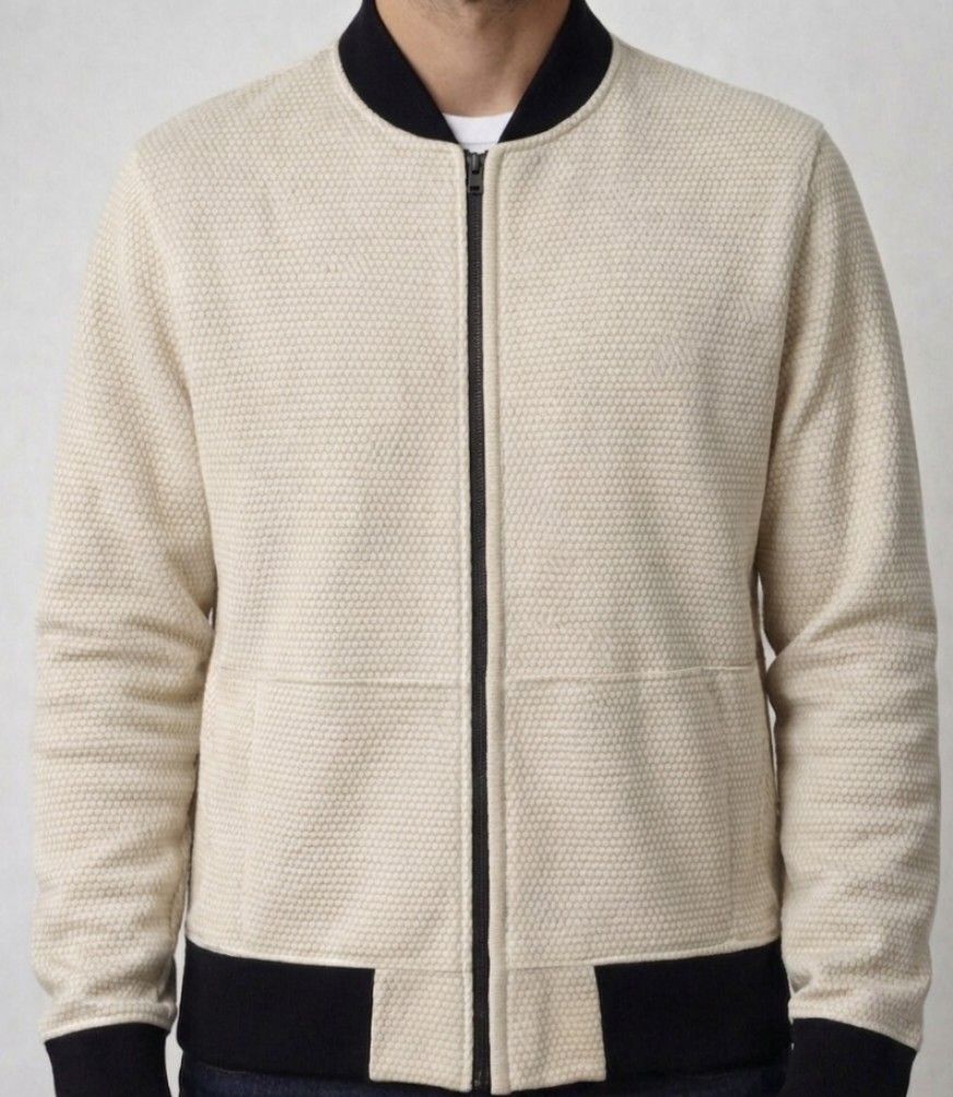 BLACKBARRETT Cream/Black Lamb Leather Bomber Jacket (Category: Coats, Jackets and Outerwear) located in Baguio. Submitted by luxeloom099 (Listing ID 1441198882, Image 1). Description: BLACKBARRETT Cream/Black Honeycomb Laser-Cut Lamb Leather Bomber Jacket ​Up for grabs is a stunning, high-end bomber jacket from BLACKBARRETT. It boasts a unique, textured cream leather body contrasted beautifully by black elasticated cuffs and collar. ​Shell: 100% 