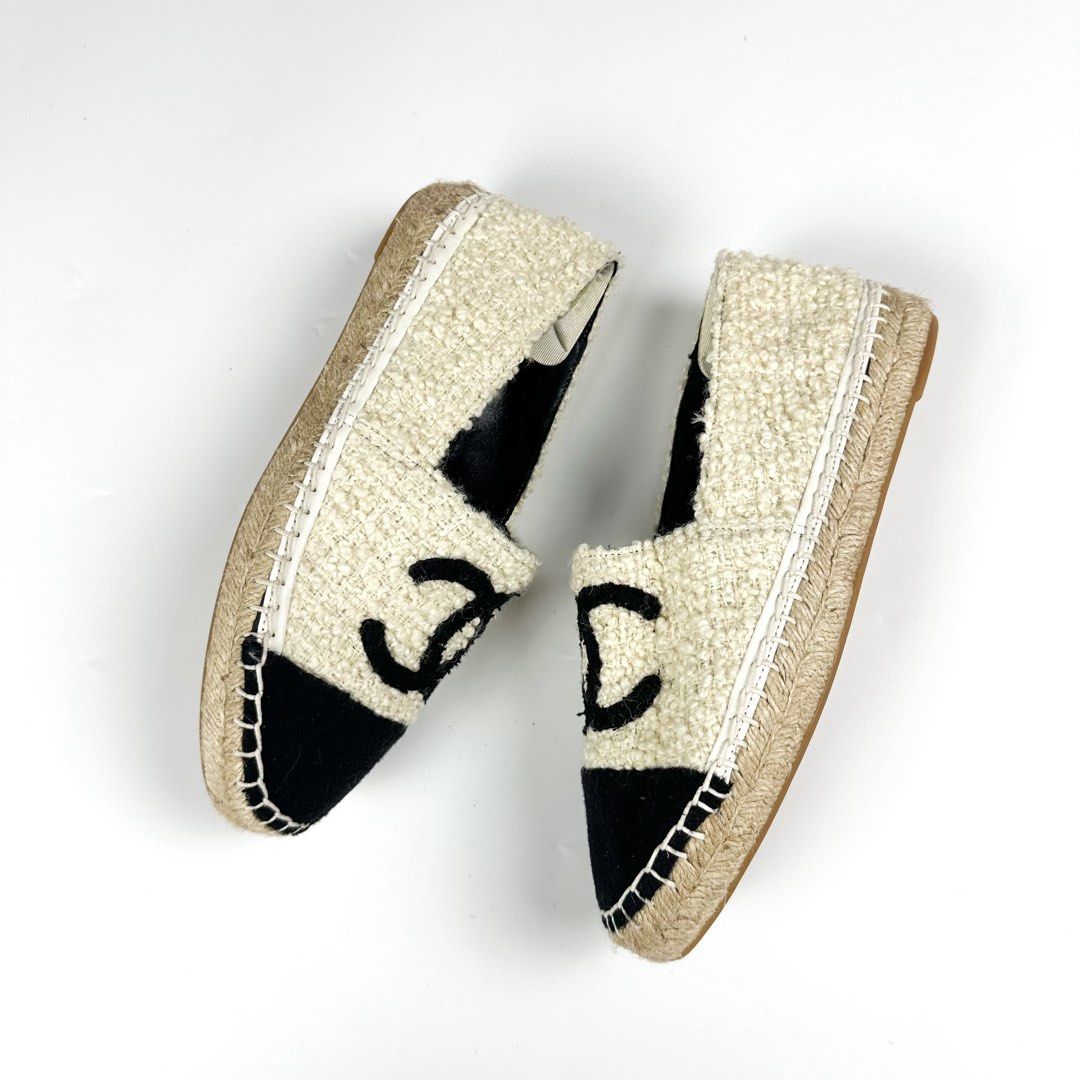 CHANEL Espadrille Tweed White & Black (Category: Flats & Sandals) located in Cavite. Submitted by second_story_ph (Listing ID 1441323930, Image 2). Description: CHANEL Espadrille Tweed White & Black Size: 36 Condition: Excellent.