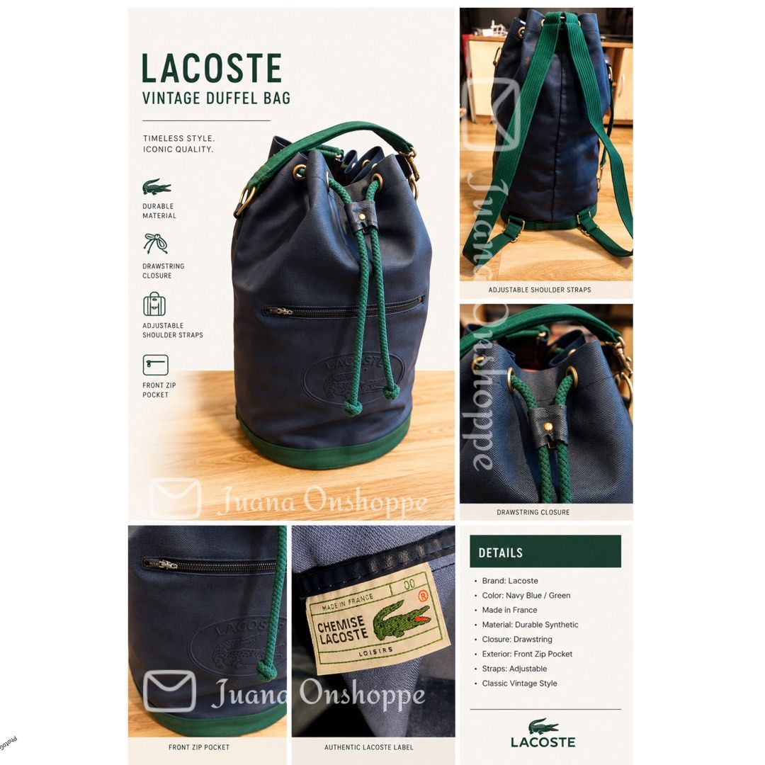 Classic Lacoste Bucket Bag Navy Blue Green Drawstring (Category: Luxury Bags & Wallets) located in Caloocan City. Submitted by juana_finds26 (Listing ID 1439936211, Image 1). Description: - Authentic Lacoste bucket bag - Color: Navy blue with green accents - Closure: Drawstring - Pockets: Front zippered pocket - Straps: Adjustable shoulder straps - Origin: Made in France - Ideal for: Everyday use or travel.