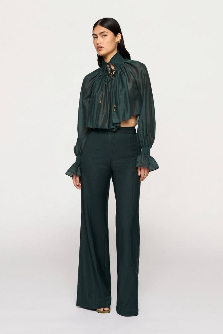 Clea Laurel Tencel-blend Sheer Cropped Shirt (Category: Longsleeves) located in Singapore. Submitted by classycouture_sg (Listing ID 1441175502, Image 3). Description: 🧚‍♀️ 5% off any 2 or more items, always the best prices here! 🧚‍♀️ 🧚‍♀️ Insta @classy.couture.sg for exclusive deals & pieces 🧚‍♀️ ✅ XS Clea Laurel Shirt — sheer sophistication with an effortless drape 💚✨ Designed with a fluid cropped silhouette, voluminous sleeves, and delica