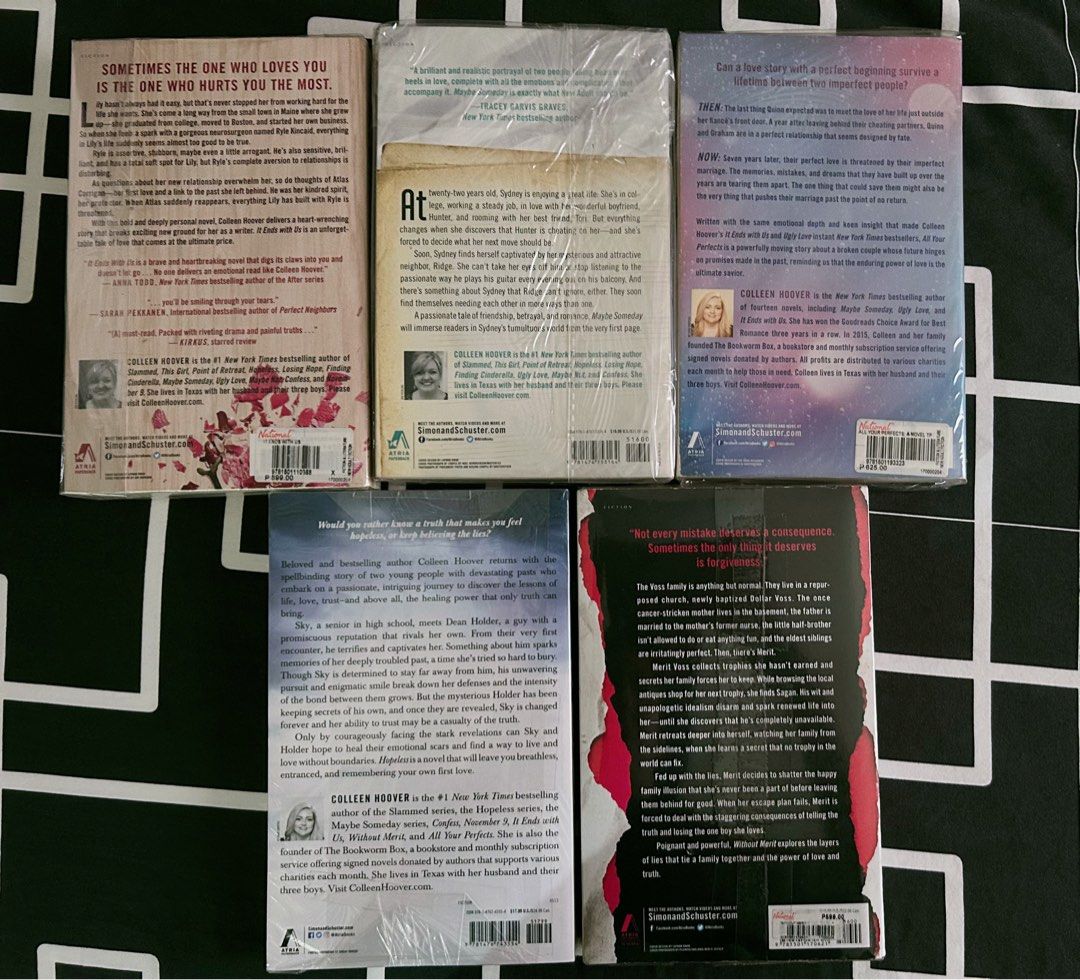 Colleen Hoover Novels (Category: Storybooks) located in Cainta. Submitted by klach (Listing ID 1441188015, Image 3). Description: 📖 It Ends With Us ₱250 📌 Read once / First Owner 📌 Minimal spine crease 📌 Tanning pages 📖 Maybe Someday ₱250 📌 Read once / First Owner 📌 Minimal spine crease 📌 Tanning pages 📖 All Your Perfects ₱250 📌 Read once / First Owner 📌 Minimal spine crease 📌 Tanning pages 📖 Hopeless ₱450 📌 BNew (Sealed) 📖 Without