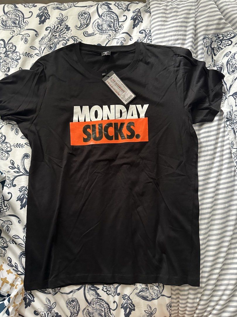 FSBN & Primark Graphic T-Shirts - Size L (Category: Tshirts & Polo Shirts ) located in Quezon City. Submitted by heiressofpersia80 (Listing ID 1441182275, Image 1). Description: Selling two graphic t-shirts. First is a black FSBN tee with 'MONDAY SUCKS.' graphic. Second is a charcoal marl Primark tee with a 'DON'T' graphic. Both are size Large. Great for casual wear. Grab them both!.