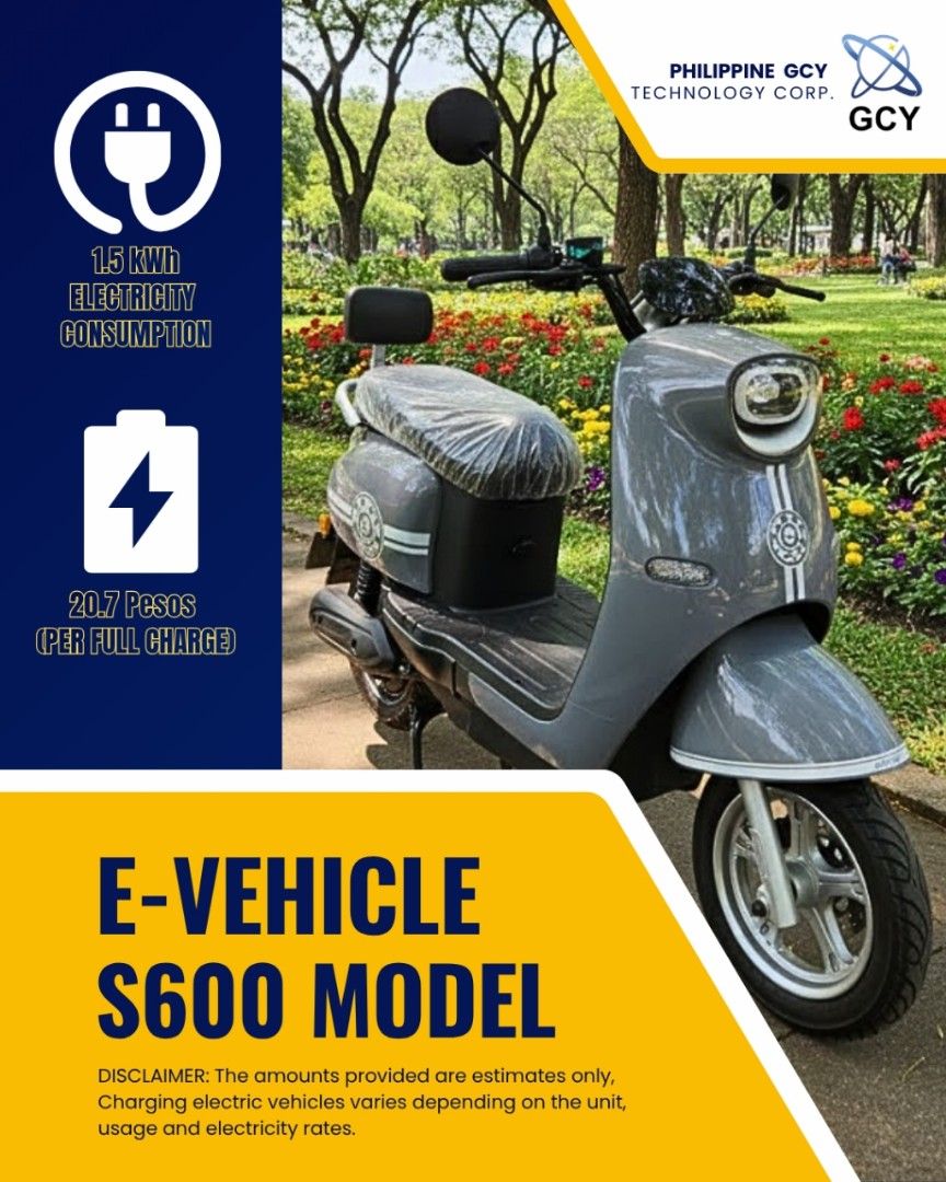 GCY E-Vehicle S600 Model Electric Scooter (Category: Skates, Rollerblades & Scooters) located in Bacoor. Submitted by gcy1_by.missd (Listing ID 1441167218, Image 2). Description: - Model: GCY E-Vehicle S600 - Motor Power: 800W - Max Speed: Up to 45 kph - Mile Range: Up to 60 km on a full charge - Battery: 60V 25Ah - Electricity Consumption: 1.5 kWh per full charge - Cost per Full Charge: Approximately ₱20.7 - Payment Options: Available for 3 or 6